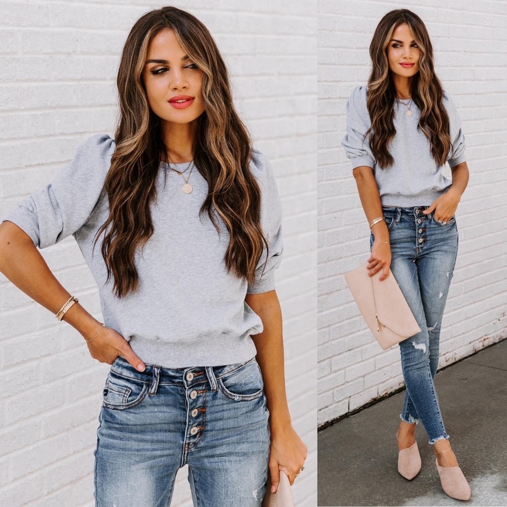 VICI collection- Settle in cotton puff sleeve sweatshirt- grey